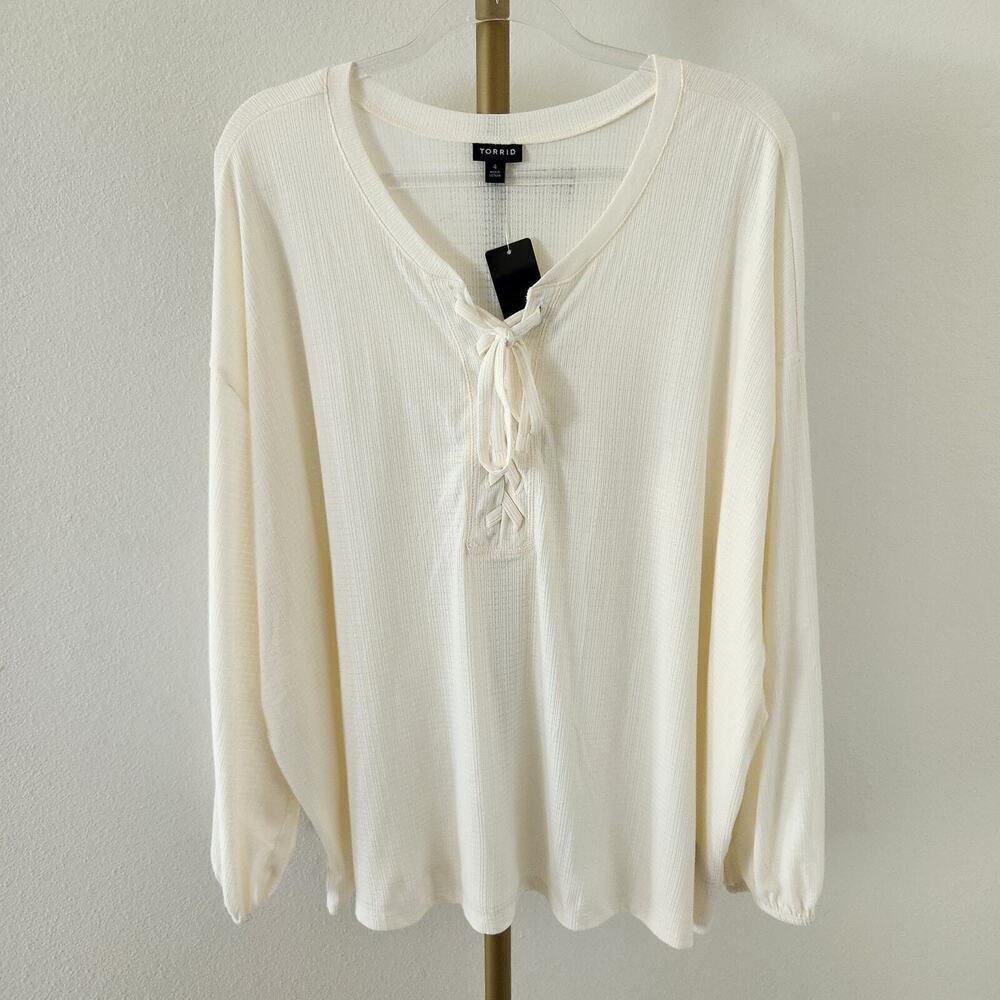 Torrid Texture Jersey Lace Up Drop Shoulder Top Womens Size 4X Cream NWT